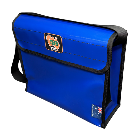 AOS Aussie Made STD Heavy Duty Tackle Bag, Triple Layer Base, Shoulder Strap - Blue Canvas & PVC